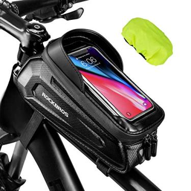 Imagem de ROCKBROS Bolsa de bicicleta, suporte de montagem à prova d'água EVA estrutura frontal tubo superior guidão acessórios de bicicleta bolsa com capa de chuva telefones compatíveis com