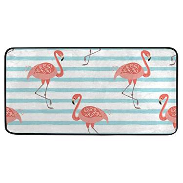 Imagem de Tapete de cozinha absorvente confortável tapete de flamingo rosa em azul listrado tapete de corredor macio para corredor, banheiro, quarto, 99 x 50 cm