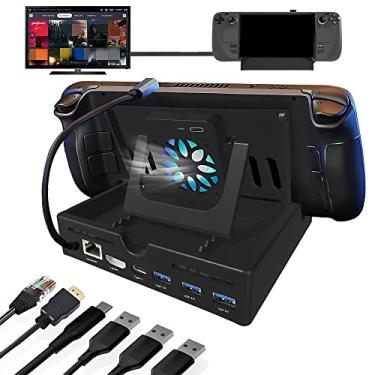 Imagem de Dock para Steam Deck com ventiladores de resfriamento duplos, extensor de Steam deck 6 em 1 com 1000 Mbps, porta de carregamento USB-C PD/60W, HDMI2.0 4K@60Hz, 3 portas USB 3.0 (6 em 1)