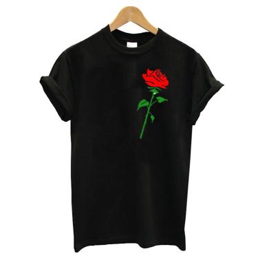 Imagem de Blusa baby look camiseta preto algodao flor rosa vermelha