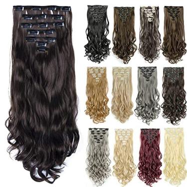 Imagem de IMISSU 7 peças/conjunto de grampo longo encaracolado em extensões de cabelo 16 grampos de extensão de cabelo de cabeça inteira peruca (Preto amarronzado)