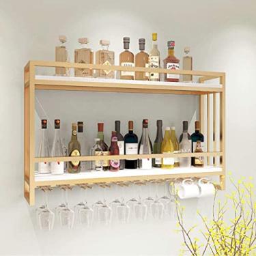 Imagem de Suporte para copo de vinho suspenso em rack de vinho com armazenamento de 2 camadas Prateleiras de armário de vinho industrial Rack de vidro alto Suporte para garrafa de ferro com divisórias para