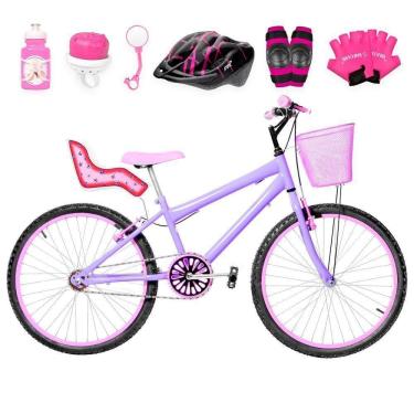 Imagem de Bicicleta Infantil Aro 24 Alumínio Kit Premium Lilás E Rosa
