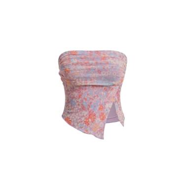Imagem de Milumia Top feminino de malha floral sem alças franzido bainha dividida sem mangas bandeau cropped tops, Roxo lilás, P