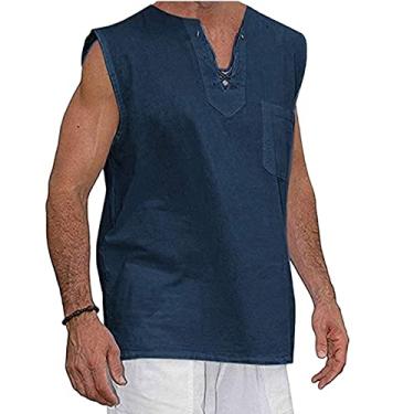 Imagem de Coletes para homens verão outono sem mangas decote em V linho camiseta regata nó simples coletes masculinos 2024 Y2K, Z-440 azul-marinho, GG