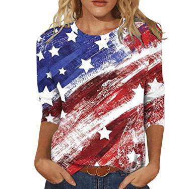 Imagem de Blusas femininas de manga 3/4 de comprimento juvenil gola canoa bandeira dos EUA ajuste solto camiseta longa tie dye verão outono 2024, W-037 Vermelho, XG
