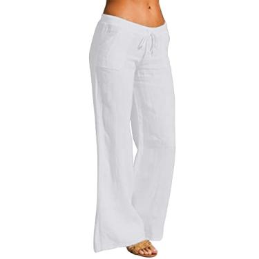 Imagem de Calça flare feminina plus size, cintura alta, calça jeans de algodão de verão, calça social leve para trabalho, Branco, G