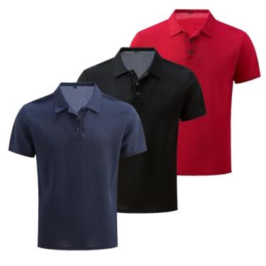 Imagem de 3 peças/conjunto de malha confortável camisa masculina elástica manga curta lapela golfe camiseta verão ao ar livre, presente para homens, Azul marinho + preto + vermelho, 3G