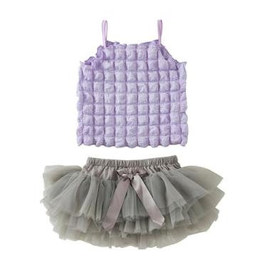 Imagem de Beziun Conjunto de roupas para bebês meninas, colete xadrez, saia de renda, roupas de verão, conjunto de 2 peças para aniversário, Roxa, 3-6 Meses