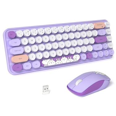 Imagem de FOPETT Teclado e mouse sem fio, lindo mouse e teclado 2,4 G, teclados sem fio com 68 teclas coloridas, capa redonda retrô para PC, laptop, tablet, Windows de computador - roxo colorido