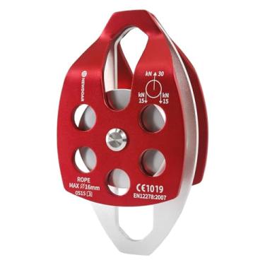 Imagem de NewDoar Polia de resgate grande certificada 30 KN CE polia dupla com placa giratória para resgate de escalada de montanhismo ao ar livre (vermelho, 1 peça)
