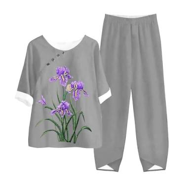 Imagem de Roupas de verão femininas 2024 linho 2 peças roxo conjuntos de manga curta Alzheimer camisas de treino de perna larga para idosos, Cinza, XXG