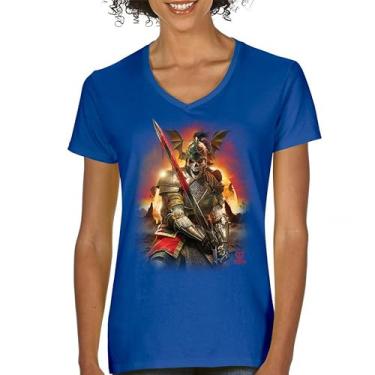 Imagem de Camiseta feminina Apocalypse Reaper gola V fantasia esqueleto cavaleiro com uma espada medieval lendária criatura dragão bruxo, Azul, M