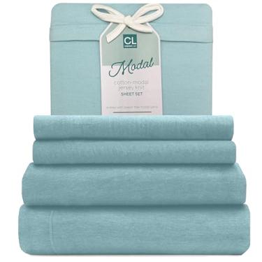 Imagem de Comfort Lab Conjunto de lençóis de malha de jérsei modal, peça de cama, camiseta de algodão modal respirável e refrescante - Inclui lençóis de cima e com elástico, 2 fronhas King Jersey Modal, azul