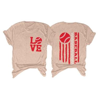 Imagem de Camiseta feminina de beisebol PKDong Love com estampa da bandeira americana com letras fofas camisetas de beisebol de manga curta para mulheres, Bege, M