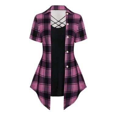 Imagem de Milumia Camisetas femininas plus xadrez frente cruzada assimétrica manga curta 2 em 1, Preto e rosa, GG Plus Size