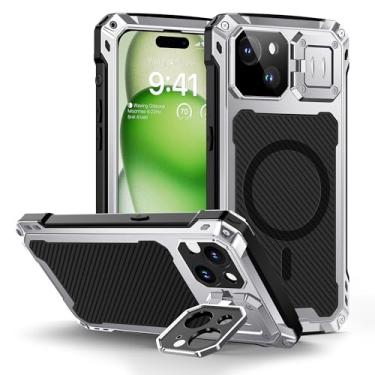 Imagem de Lanhiem Capa de metal para iPhone 15 Plus, [suporte de câmera integrado e protetor de tela de vidro] Capa de liga de alumínio magnética resistente à prova de choque para iPhone 15 Plus de 6,7
