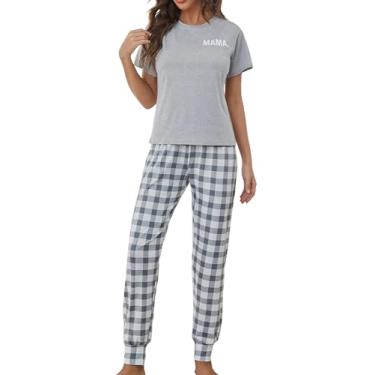 Imagem de ikasus Pijama feminino confortável 2024 primavera/verão, conjunto de pijama de manga curta e calça comprida, Cinza P, Tamanho Único