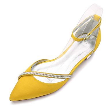 Imagem de ottspu Sapatos de casamento para noiva cetim strass bico fino feminino sapatos sociais para ocasiões especiais, Amarelo, 38