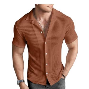 Imagem de PLEPAN Camisas casuais masculinas de manga curta com botões de malha waffle camisas de verão praia vintage moda tops, Tijolo, XXG