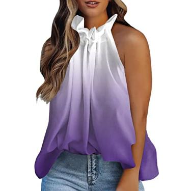 Imagem de Camiseta feminina de verão, frente única, boho, regata, sem mangas, casual, rodada, para férias, Roxa, P
