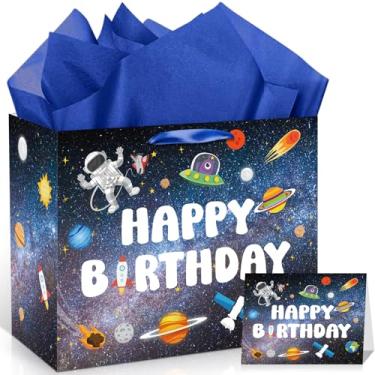 Imagem de Saco de presente de feliz aniversário, espaço sideral, saco de presente azul com cartão, papel de seda para meninos, astronauta, foguete, planeta, festa, papel de embrulho, sistema solar, decoração de