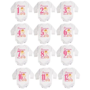 Imagem de Kit 12 Body Bebê Calupa Mesversario Manga Longa Ursinha Princesa 1 A 12 Meses Feminino-Feminino