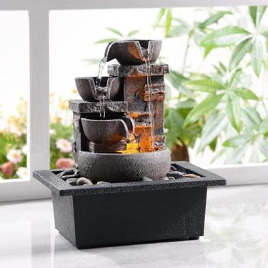 Imagem de Kalona Fonte de mesa decorativa - Design de 4 camadas de 25,4 cm com imitação de pedra, cascata interna, rochas de rio e material de resina para meditação serena e relaxamento - Ideal para decoração