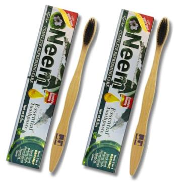 Imagem de CUTE THINGS & CC Pacote de cuidados bucais ecológicos: 2 unidades de pasta de dente Essential Palace Neem faz 368 g, combo e 2 pincéis de bambu