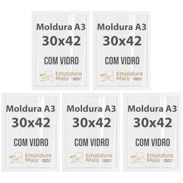 Imagem de Kit Quadros Moldura com Vidro para Folha A3 30x42 cm de Foto Porta Retrato Documento Poster Decorativo Certificado (Branca, 5)