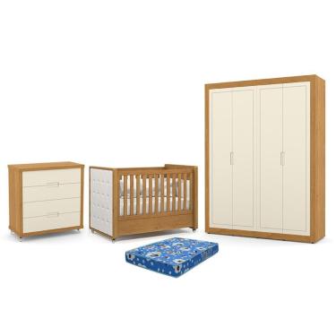 Imagem de Dormitório Tutto New 4 Portas, Cômoda 4 Gavetas e Berço com Capitonê e Colchão Physical - Matic Móveis