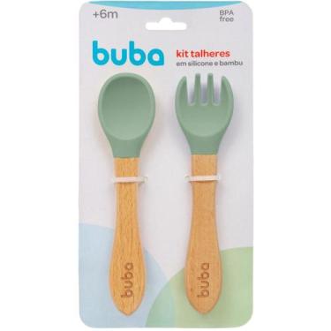 Imagem de Kit Talher Infantil Colher e Garfo Silicone e Bambu Buba Introdução Al