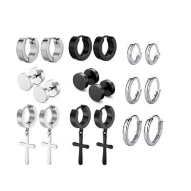 Imagem de kit 9 pares de brinco argola cruz crucifixo aço inox prata preta doura