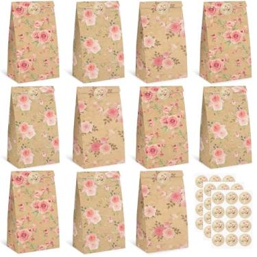 Imagem de VGOODALL 36 peças de sacos de presente floral, sacos de lembrancinha de festa de papel kraft, sacos de almoço com adesivos para casamentos, aniversário, chá de bebê, suprimentos de festa