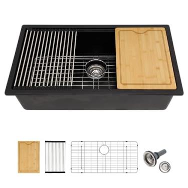 Imagem de Lofeyo 76 cm x 48 cm Pia de cozinha composta de granito granito preto fosco quartzo undermount estação de trabalho borda cozinha pia moderna sob balcão tigela única bacia profunda