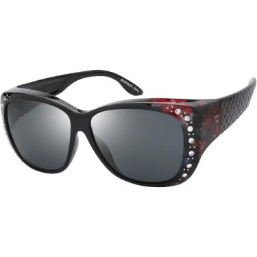 Imagem de The Fresh Fit Over Glasses Óculos de sol polarizados com strass FR1F5610 - Estojo de couro para óculos, F5610p05 Estampa floral preta/floral, cinza, Medium