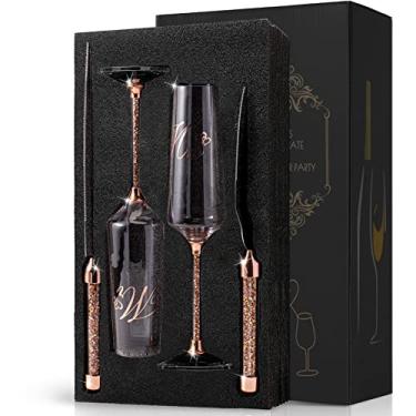 Imagem de Conjunto de taças de champanhe VARLKA de casamento e faca de bolo, taças de champanhe ouro rosa para brindar a noiva e o noivo