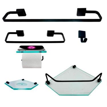 Imagem de Kit Para Banheiro Platinum Luxo Premium Preto Vidro Sextavado Incolor 