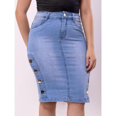 Imagem de Saia Jeans Azul Céu Com botões dourados em Alto Brilho - Gallzarth, 42