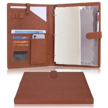 Imagem de Wonderpool Pasta de arquivo portfólio de 3 anéis com prancha, suporte de couro PU A4 com blocos de notas e vários bolsos para agenda de negócios, entrevista (marrom)