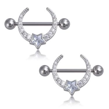 Imagem de Niaspi Anéis de mamilo femininos com strass, estrela e lua, hipoalergênicos, de aço inoxidável, para mamilos, barra, protetor de mamilo, piercing corporal, joia, Aço inoxidável, Zircônia cúbica
