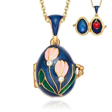 Imagem de Colar com pingente de medalhão de ovo vintage tulipa lírio com pingente de coração surpresa dentro para mulheres, Latão, Cristais austríacos
