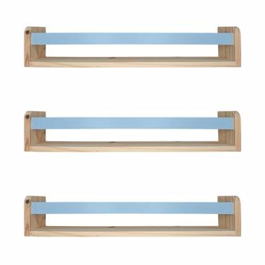 Imagem de KIAGA, Kit 3 Prateleiras Porta Livros em Madeira Pinus Natural Com Cerquinha Colorida Cor:Cerquinha Azul Candy;Tamanho:12x60