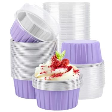 Imagem de EUSOAR Copos para assar de folha de alumínio com tampas, roxo claro, 50 peças, creme brulee, ramequins descartáveis, forros de muffin, mini cheesecake, recipientes de sobremesa com tampas para