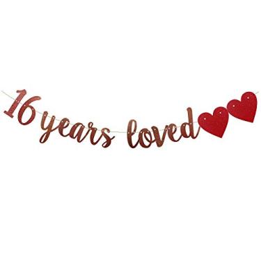 Imagem de 16 Years Loved Banner, Pre-Strung, Rose Gold Paper Glitter Decorações de Festa para Decorações de Aniversário de 16 Anos de 16 Anos Artigos de Festa de Aniversário de Casamento Letras Ouro Rosa