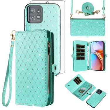 Imagem de Asuwish Capa de celular para Motorola Edge+ Plus 2023/Edge 40 Pro 5G/Moto X40 Carteira com zíper destacável com protetor de tela de vidro temperado, alça flip com glitter, compartimento para cartão X