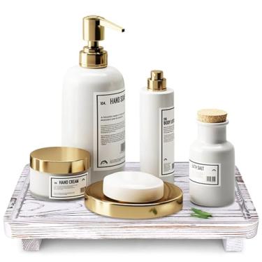 Imagem de Bandeja de balcão de banheiro, suporte de pedestal de madeira, bandejas brancas de bancada de cozinha, suportes decorativos de madeira, suporte dispensador de sabão para louça, acessórios de pia de