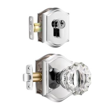 Imagem de CLCTK Conjunto combinado de maçaneta de porta de passagem de vidro cristal e fechadura de cilindro único, acabamento cromado polido