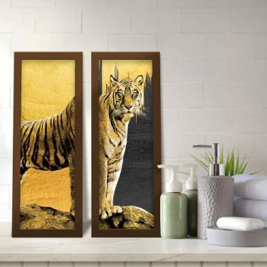 Imagem de Kit 2 Quadros Decorativos Lavabo Preto Dourado Tigre Felino - Deliquad