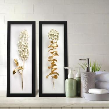 Imagem de Kit 2 Quadros Decorativos Lavabo Ramos de Flor Efeito 3D Dourado Branc